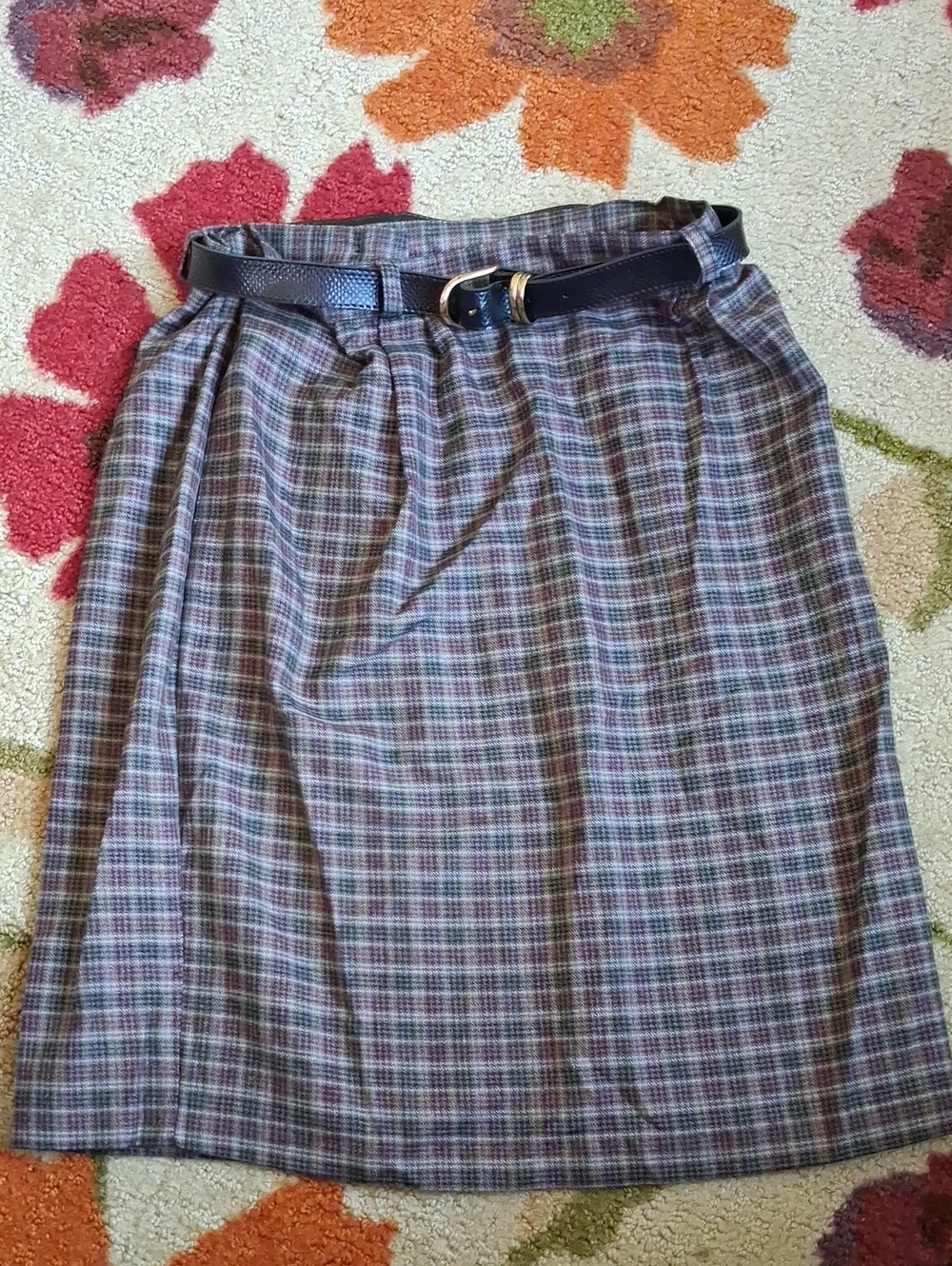 Plaid Pencil Skirt in Gray and Purple with Belted Waist